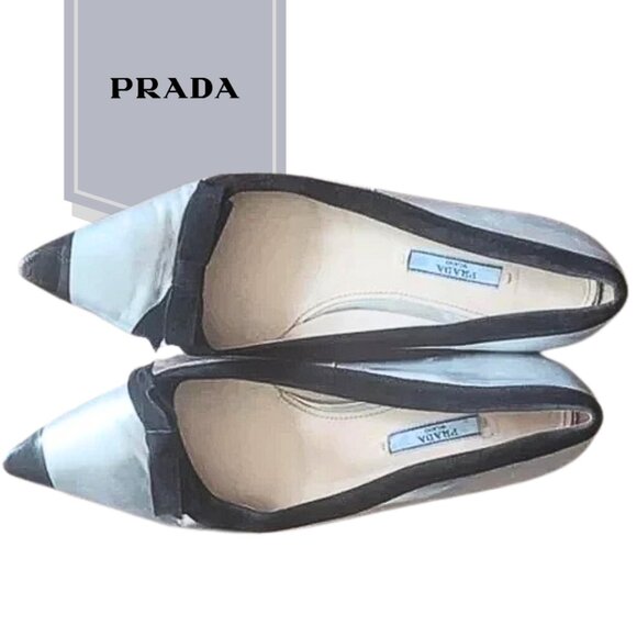 Prada Women's Metallic Silver and Black Pointed Flats. Size 8.5 - Picture 1 of 5